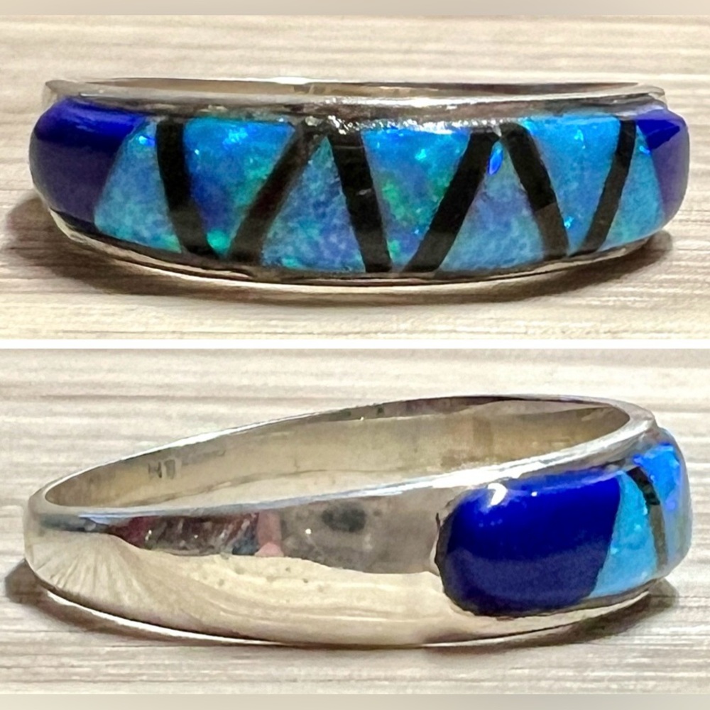 Native American Designer (8M) Sterling Silver Opal Lapis Onyx Inlay Band Ring